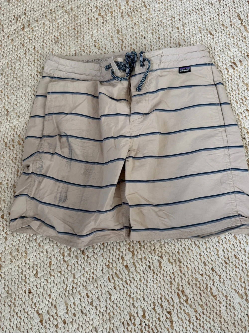Patagonia Beige Swim Shorts with Navy Stripe